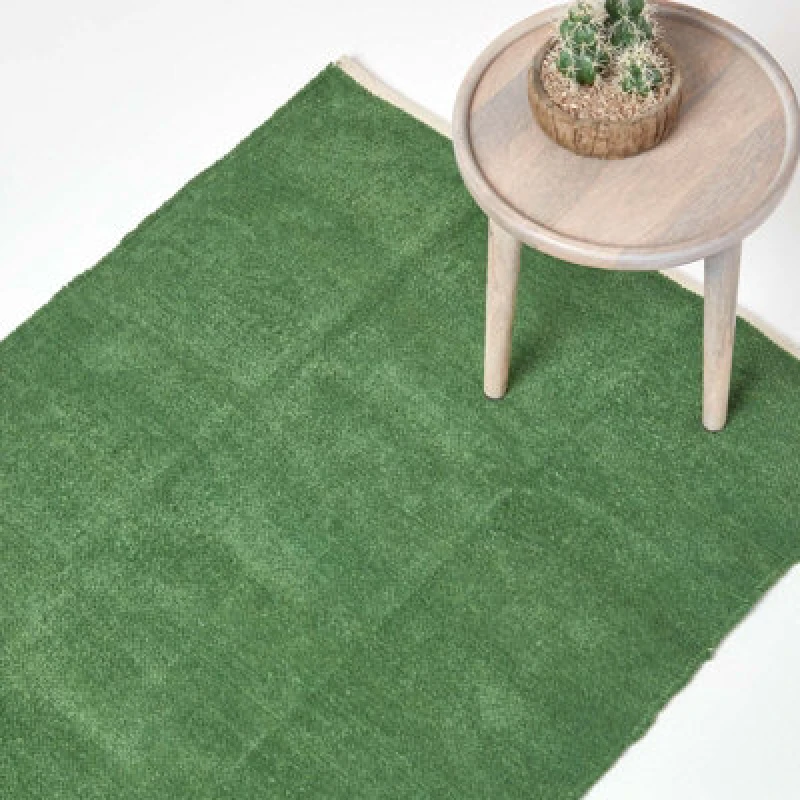 Image of Homescapes Dark Olive 100% Cotton Plain Chenille Rug With Natural Trim, 60 X 100 Cm