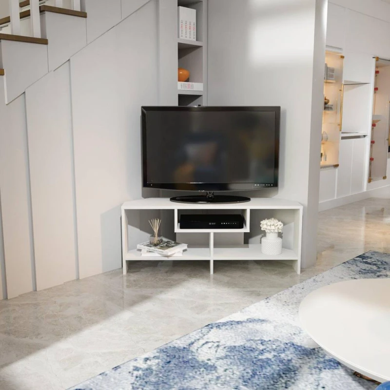 Image of Decorotika Maldives Corner TV Stand TV Cabinet TV Unit with Open Shelves White