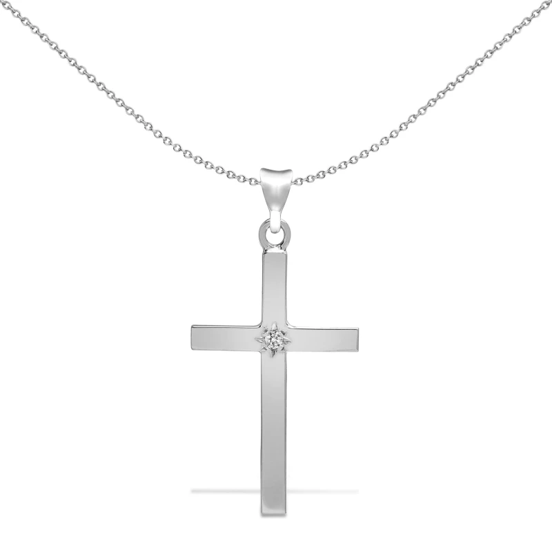 Image of Jewelco London 9ct White Gold 0.05ct Diamond Minimalist Solitaire Cross Pendant - 9X091 Silver