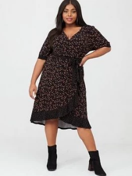 Image of Oasis Curve Toffee Spot Ruffle Wrap Dress - Multi/Black