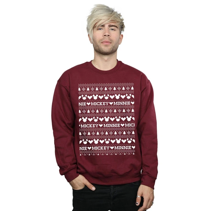 Image of Disney Men Mickey And Minnie Christmas Fair Isle Sweatshirt in Burgundy Size: Small Burgundy S Male 5057736013885