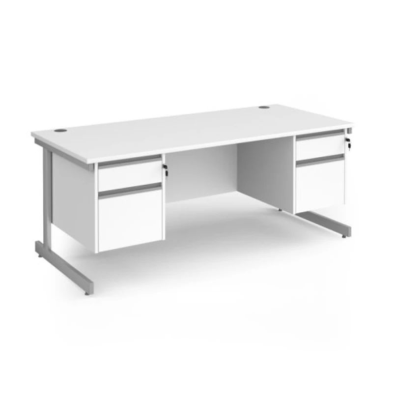 Image of Contract 25 Office Desk Rectangular Desk 1800mm With Double Pedestal White Top With Silver Frame 800mm Depth Contract 25 CC18S22-S-WH White CC
