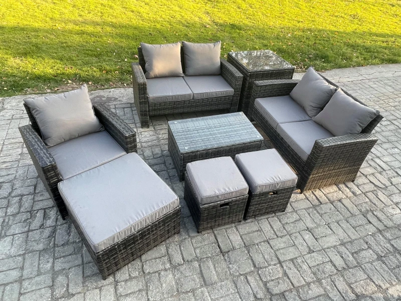 Image of Fimous Rattan Garden Furniture Set 8 Seater Patio Outdoor Lounge Sofa Chair Set with Rectangular Coffee Table 3 Footstools Side Table in Dark Grey Dar