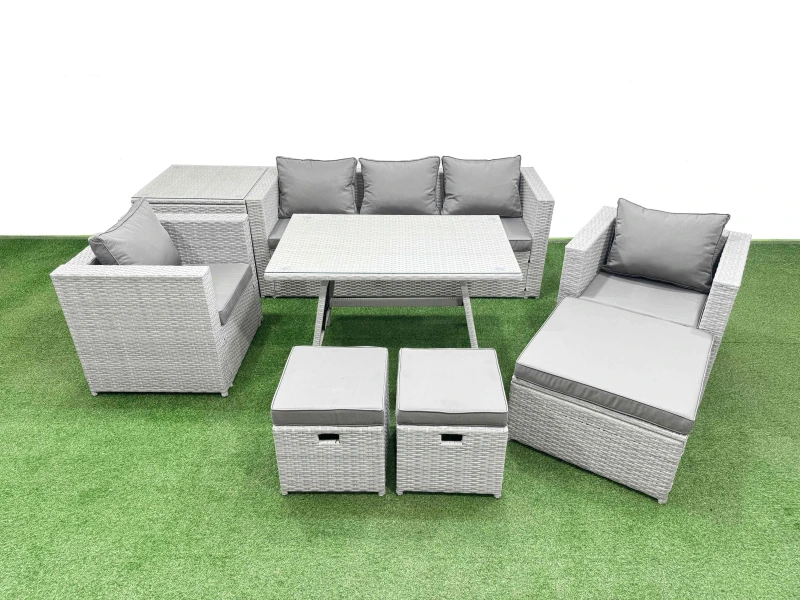 Image of Fimous 9 Pieces Outdoor PE Rattan Sofa Armchair Set with Side Table 3 Stools in Light Grey Light Grey Unisex