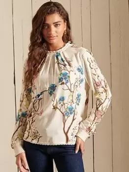 Image of Superdry Long Sleeve Woven Top - Cream, Size 6, Women