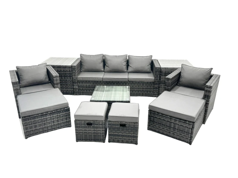 Image of Fimous 9 Seater Patio Lounge Sofa Set with 2 Side Tables 4 Footstool in Dark Grey Dark Grey Unisex