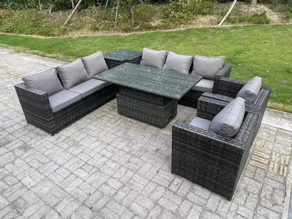 Image of Fimous 8 Seater Outdoor Dark Grey Rattan Lounge Complete Sofa Set with Adjustable Rising Lifting Dining Table