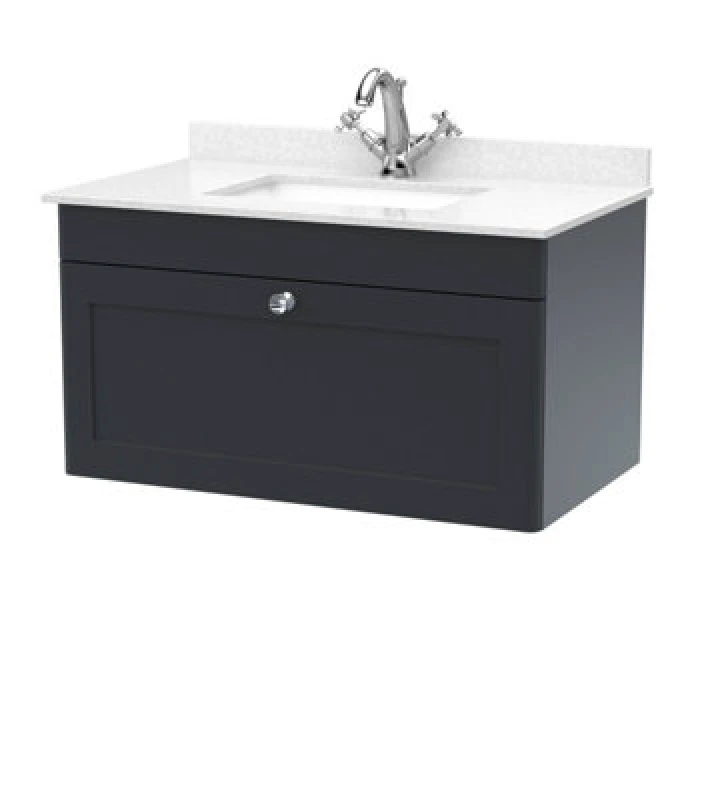 Image of nuie 800mm Wall Hung 1 Drawer Vanity & Marble Top 1TH - Soft Black CLC1496WS1
