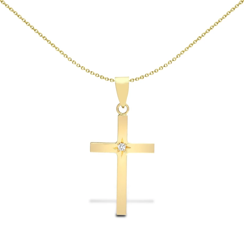 Image of Jewelco London 9ct Gold 0.03ct Diamond Solitaire Cross Pendant - 9X058 Gold