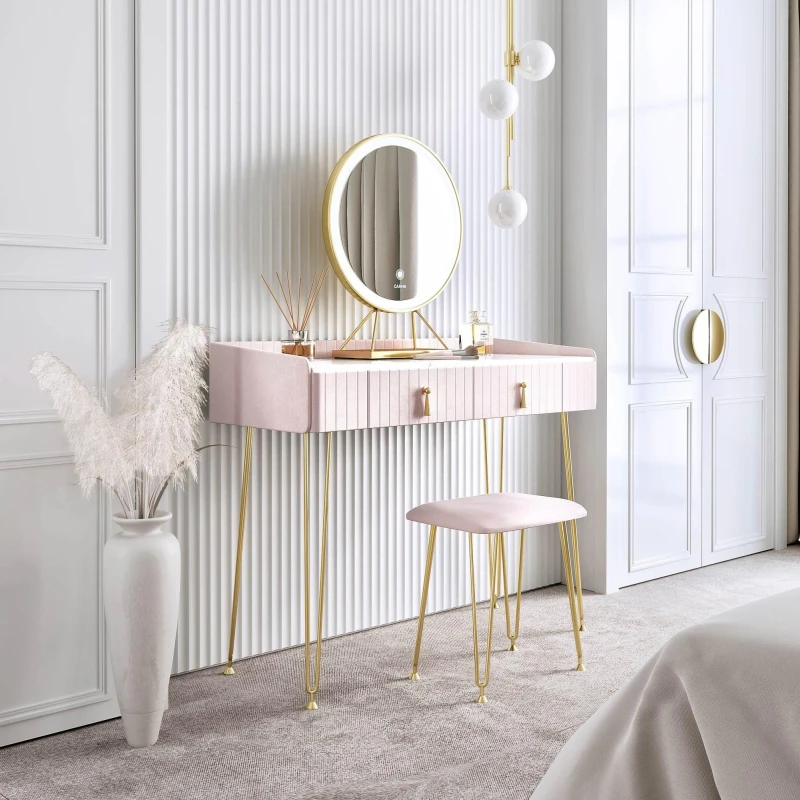 Image of CARME HOME Tokyo Glow Ballerina Pink Velvet Dressing Table with LED Touch Sensor Mirror Light Pink