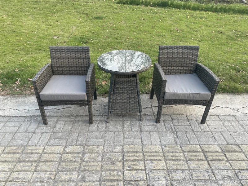 Image of Fimous Wicker PE Outdoor Rattan Garden Furniture Arm Chair & Table Dining Sets 2 Seater Small Round Table Dark Grey Mixed Dark Grey Unisex