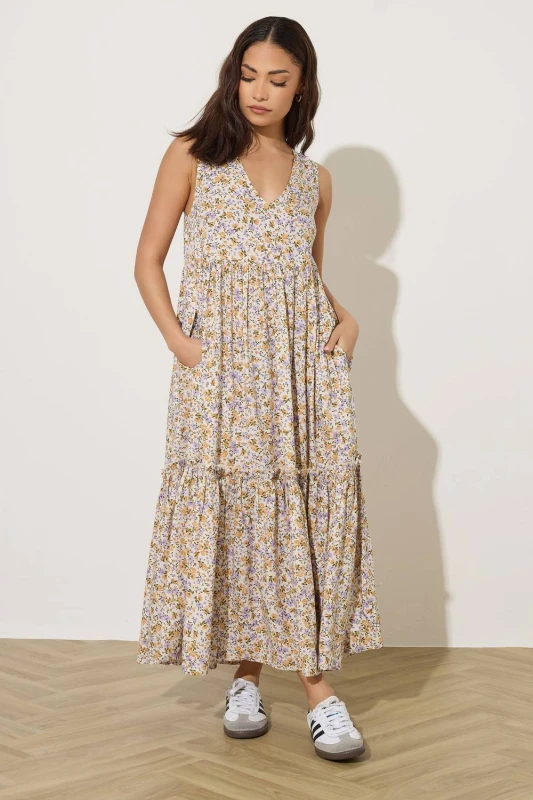 Image of PixieGirl Womens Petite Ditsy Floral Tiered Midi Dress in Ivory Size: 12 Ivory Female 12