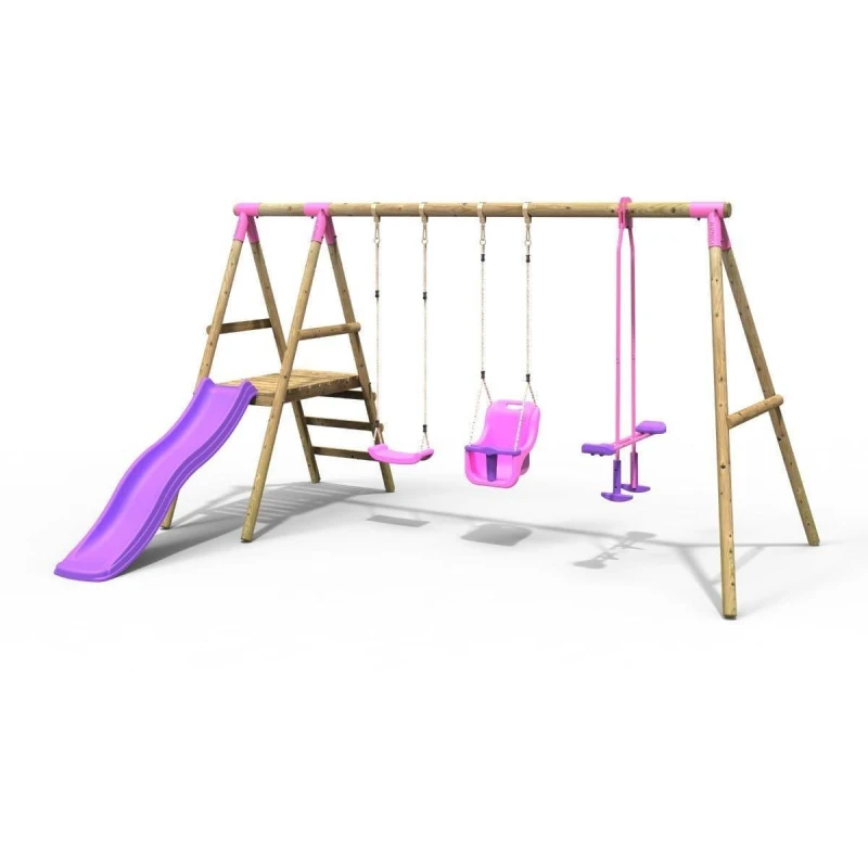 Image of Rebo Wooden Swing Set with Slide - Voyager Pink Pink
