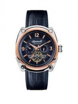 Image of Ingersoll Ingersoll The Michigan Blue And Rose Gold Detail Automatic Dial Blue Leather Strap Watch