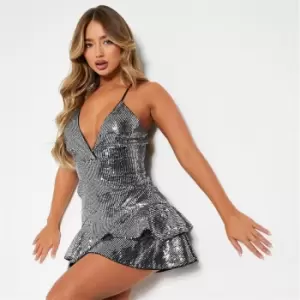 Image of I Saw It First Sequin Plunge Front Frill Detail Sleeveless Mini Dress - Metallics