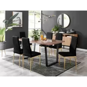 Image of Furniture Box Kylo Brown Wood Effect Dining Table and 6 Black Velvet Milan Gold Leg Chairs