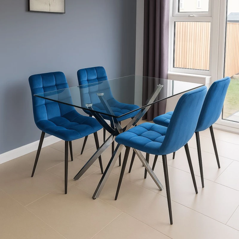 Image of KOSY KOALA KOSY KOALA Dining Table and 4 Chairs Rectangle Blue Table 4 Grey Velvet Chairs Dining Set in Clear Clear One Size Unisex 5061055341604