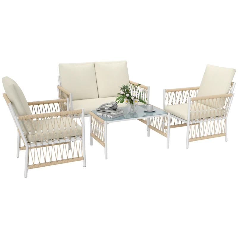 Image of Outsunny 4 Seater Rattan Garden Sofa Set With Glass Top Coffee Table - Khaki TJ Hughes 5063603576049