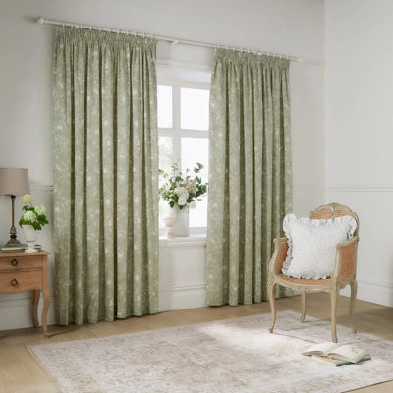 Image of Wylder Nature Bella Floral Room Darkening Pencil Pleat Curtain Pair Sage (W)168Cm X (D)137Cm