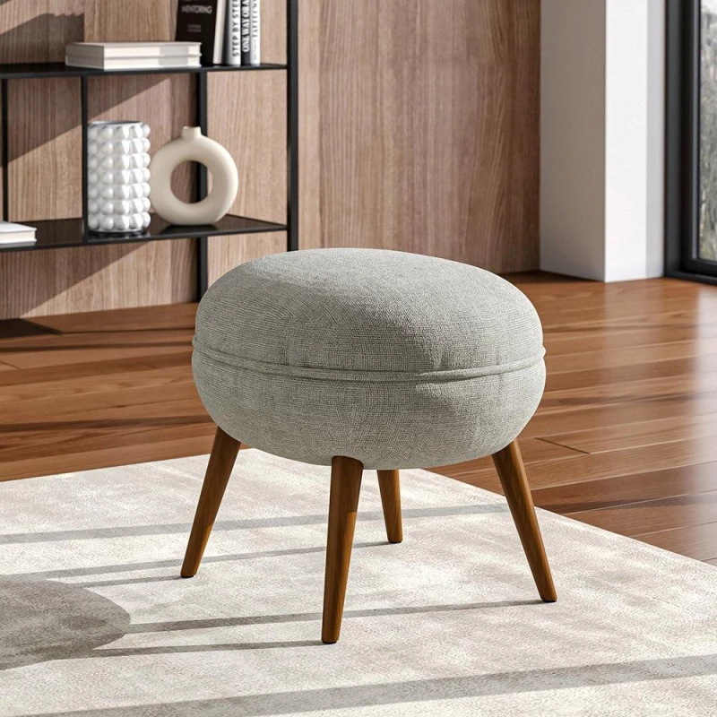 Image of Kabinet UK Linen Upholstered Oval Footstool with Wooden Legs Grey Brown unisex One size