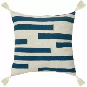 Image of The Linen Yard Alaya Woven Jacquard 100% Cotton Tasselled Cushion Cover, Navy, 50 x 50 Cm