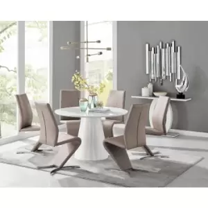 Image of Furniturebox Palma White High Gloss 6 Seat Minimalist Post Modern Round Dining Table & 6 Cappuccino Willow Faux Leather Chairs