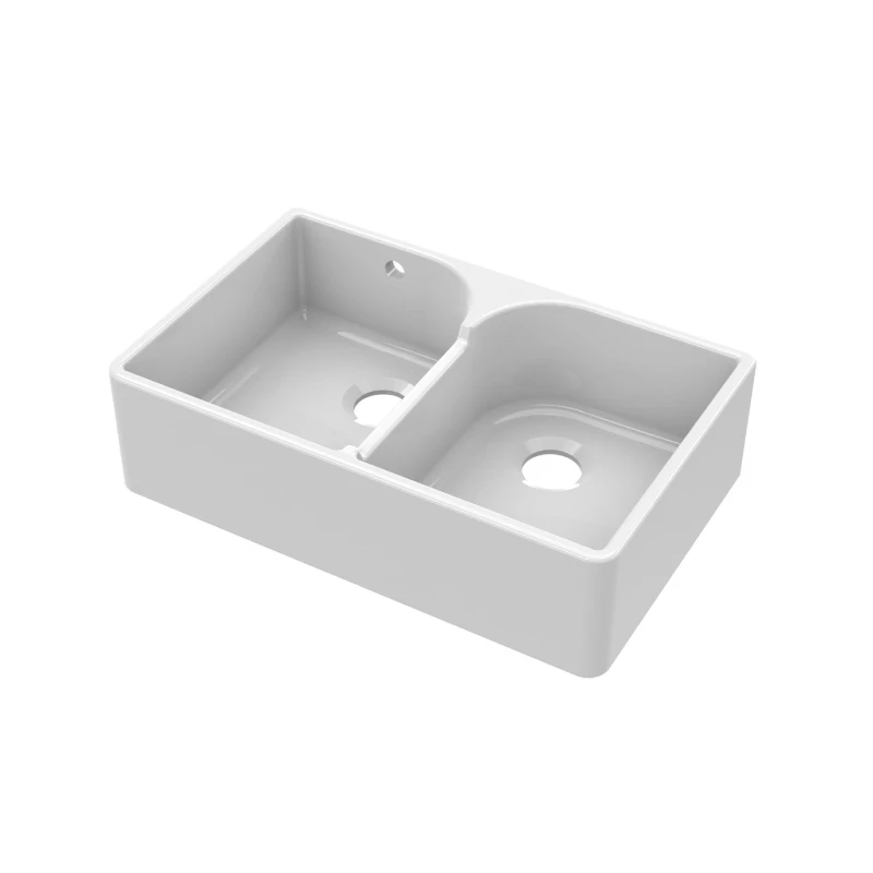 Image of Balterley Fireclay 2 Bowl Stepped Weir Butler Sink Overflow No Tap Hole 795mm White