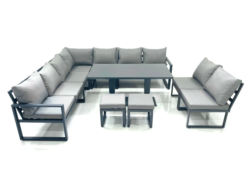 Image of Fimous 11 Seater Outdoor Aluminum Garden Furniture Set Corner Sofa 2 Small Footstools Rising Lifting Dining Table Sets Dark Grey Dark Grey Unisex