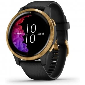 Image of Garmin Venu GPS Smartwatch with Wrist-based Heart Rate - Gold Stainless Steel Bezel with Black Case and Silicone Band (010-02173-32) (Support EU langu
