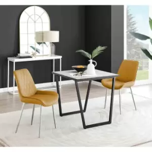 Image of Furniture Box Carson White Marble Effect Square Dining Table and 2 Mustard Pesaro Silver Chairs