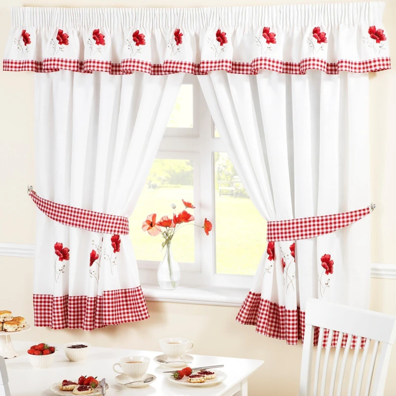 Image of Alan Symonds Poppies Unlined Pencil Pleat Curtains & Pelmet Set Red/White unisex 168x137cm