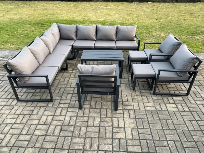 Image of Fimous Aluminium Outdoor Garden Furniture Set Lounge Corner Sofa 3 Pcs Chair Oblong Coffee Table Sets with 2 Small Footstools Dark Grey Dark Grey Unis