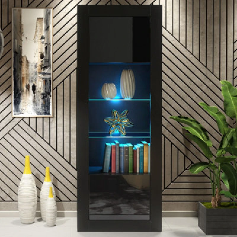 Image of Creative Furniture Illume Display Cabinet 170cm - Black with Gloss Doors & LED Lights Black Unisex
