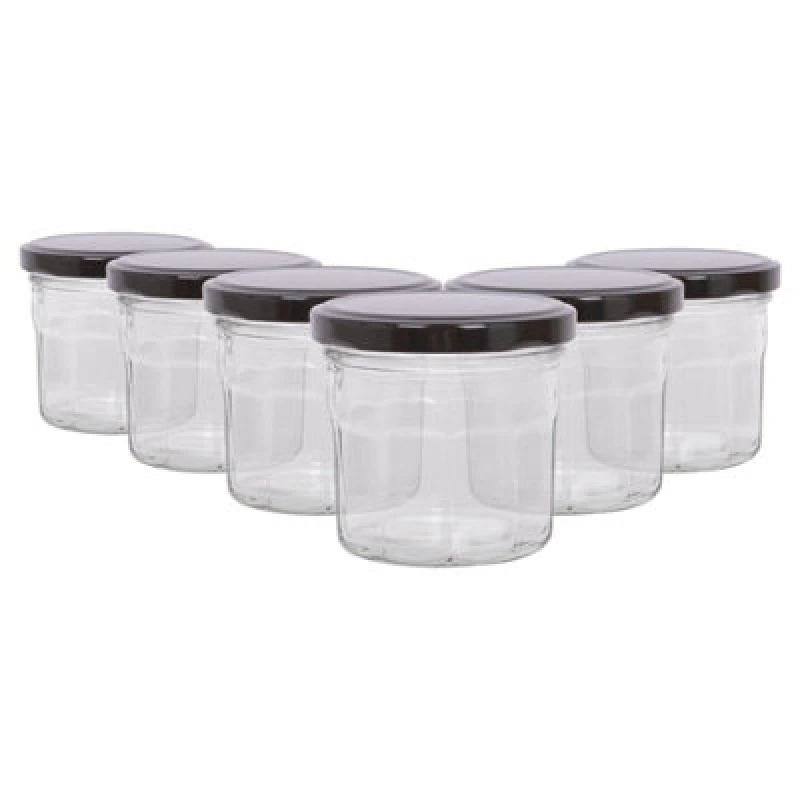 Image of Argon Tableware Glass Jam Jars With Black Lids - 130ml - Pack Of 6