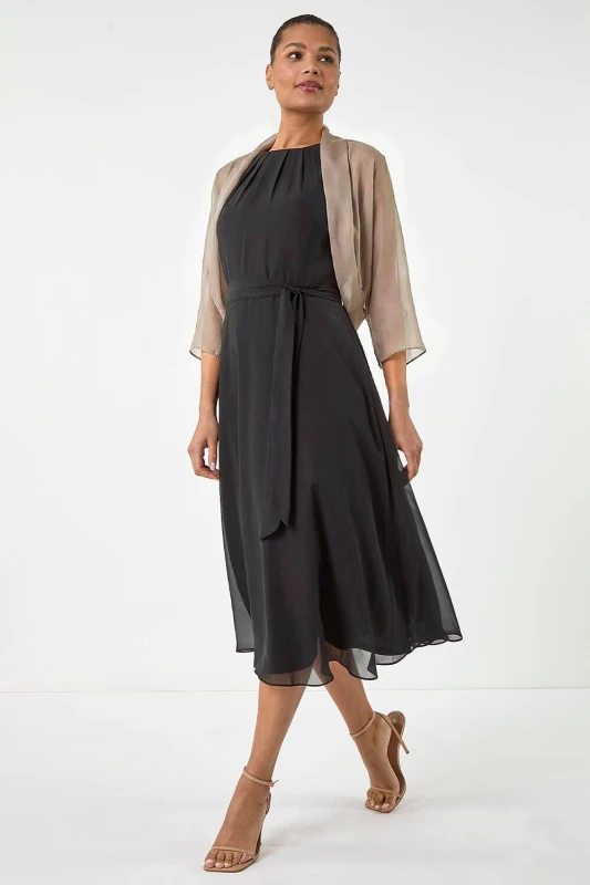 Image of Roman Womens Ruched Hem Chiffon Bolero in Gold Size: 20 Gold Female 20