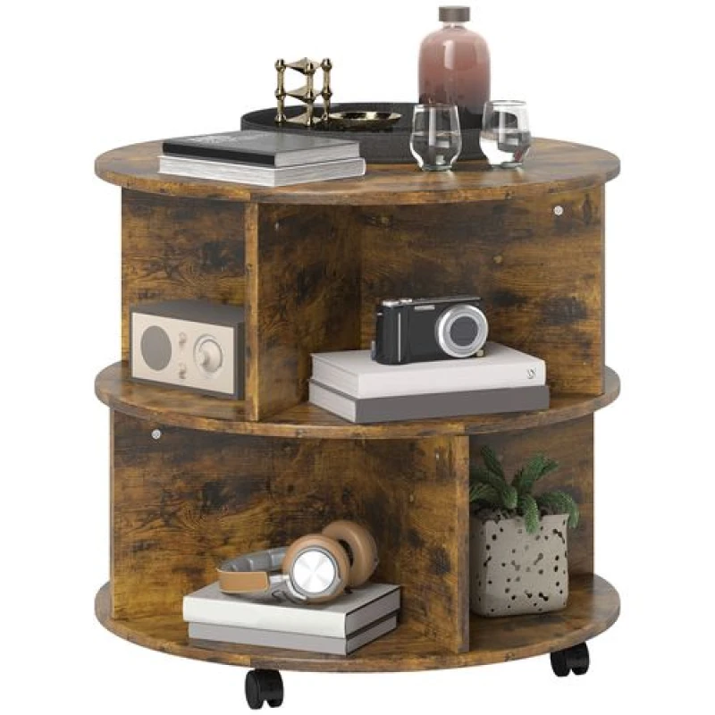 Image of HOMCOM 3 Tier Coffee Table Round Rolling Centre Table w/ Wheels Rustic Brown 833-540V00RB