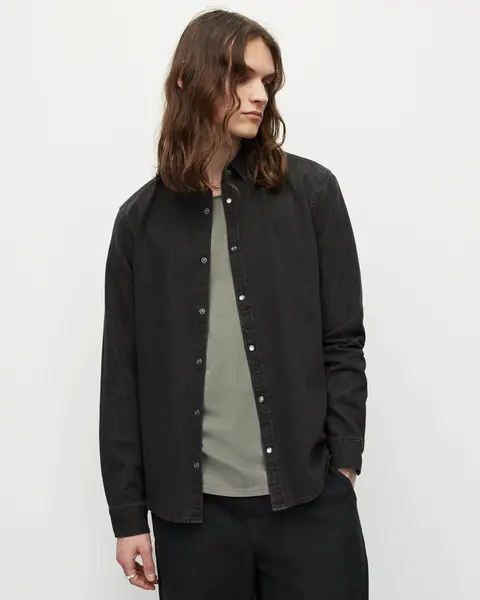 Image of AllSaints Gleason Press Stud Ramskull Denim Shirt