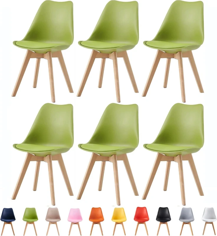 Image of MCC Direct Set of 6 Dining Chairs with Solid Wooden Legs & Seat Cushion Pads in Grey - Eva by MCC in Green Green Unisex