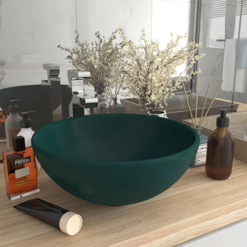 Image of VIDAXL Luxury Bathroom Basin Round Matt Dark Green 32.5x14cm Ceramic Vidaxl 8720286036754