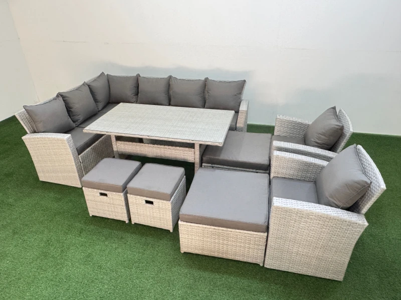 Image of Fimous 12 Seater Rattan Garden Furniture Set Table 2 Chairs 4 Footstools in Light Grey Light Grey Unisex