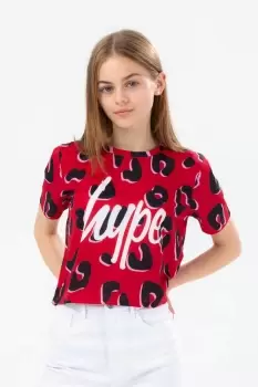 Image of HYPE RED LEOPARD ANIMAL KIDS CROP T-SHIRT