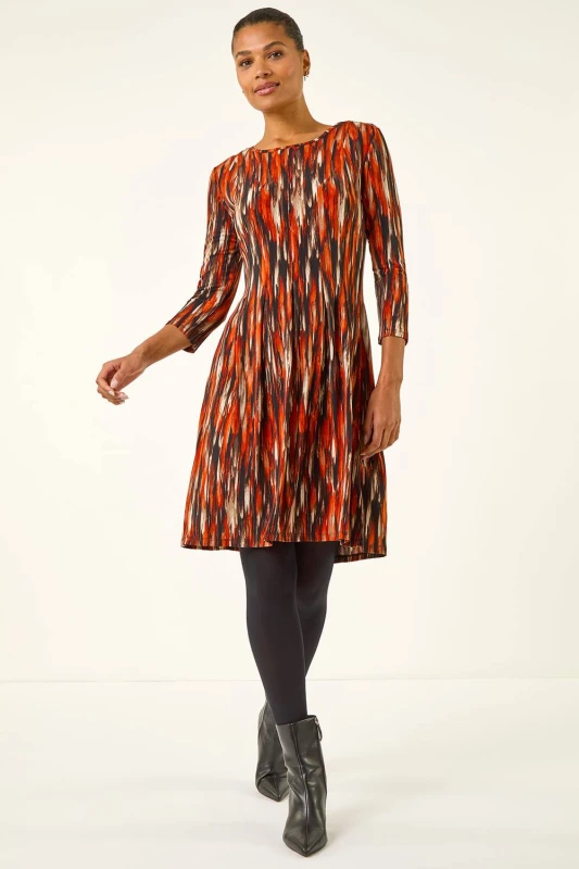 Image of Roman Womens Abstract Print Panel Stretch Dress in Orange Size: 20 Orange Female 20