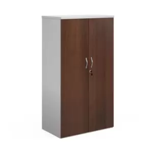 Image of Duo double door cupboard 1440mm high with 3 shelves - white with walnut doors
