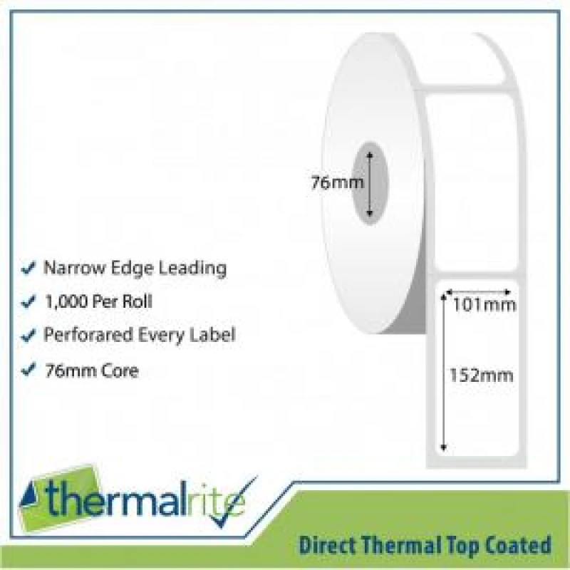 Image of Thermalrite Thermalrite Direct Thermal Labels 101x152mm 76mm core (Pack 10 Rolls of 1000 Labels per Roll) - RL101.152DT-76-1000 RL101.152DT-76-1000