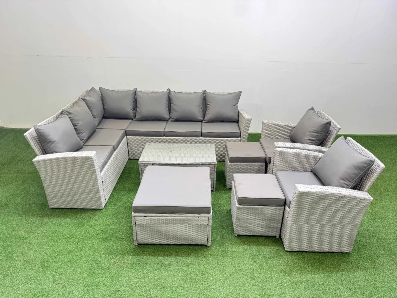 Image of Fimous 11 Seater Garden Outdoor PE Rattan Furniture Set with 3 Stools in Light Grey Light Grey Unisex