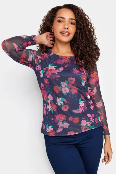 Image of M&Co Floral Mesh Sleeve Top Pink