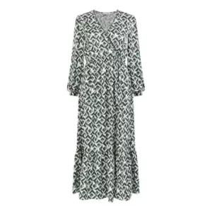 Image of Yumi Green Geo Print Satin Wrap Midi Dress - Green