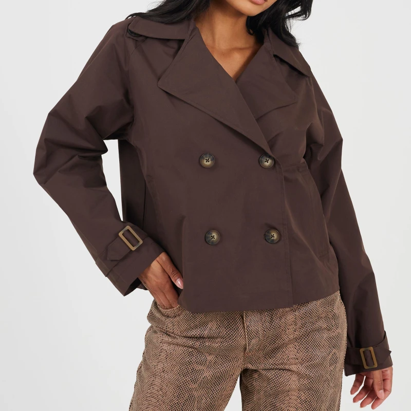 Image of Brave Soul Womens Double Breasted Short Coated Long Sleeve Mac Chocolate female 12 (M)