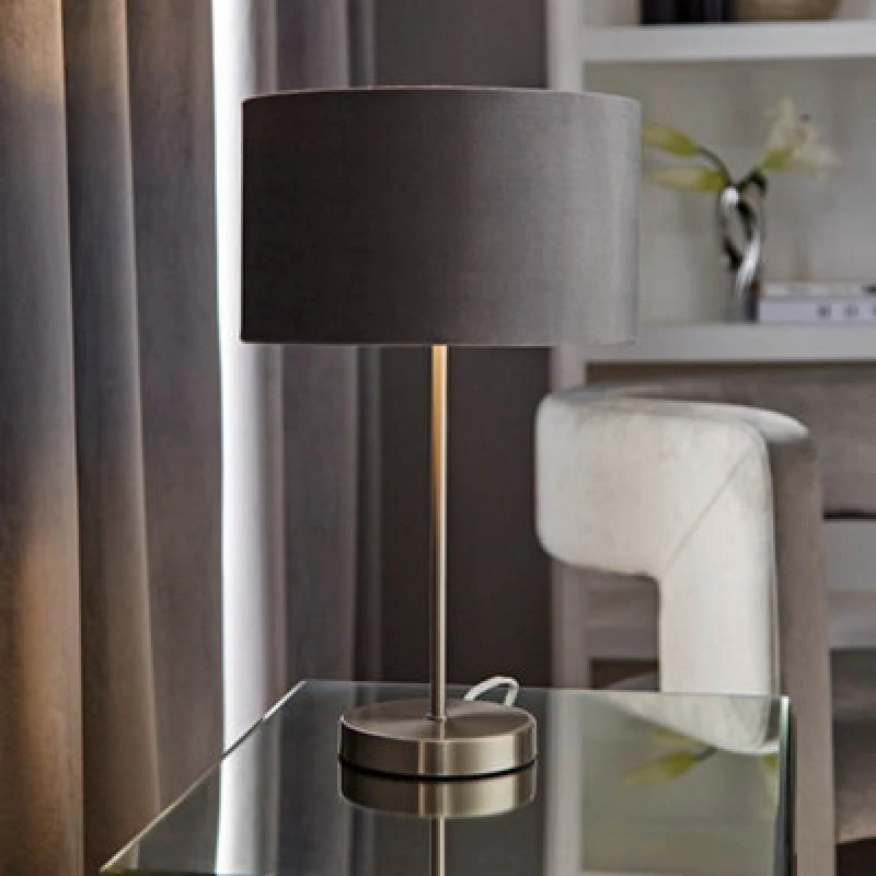 Image of ValueLights ValueLights Charlie Chrome Stem Table Lamp with Grey Velvet with Chrome Inner Lamp Shade Grey One Size Unisex 5059406060595