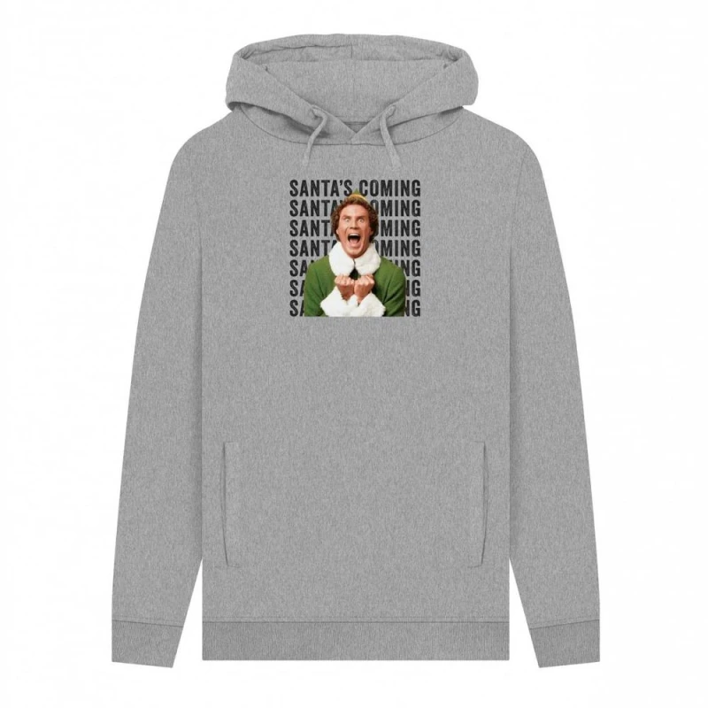 Image of Elf Mens Santa's Coming Graphic Hoodie in Light Grey Size: Small Light Grey Male S